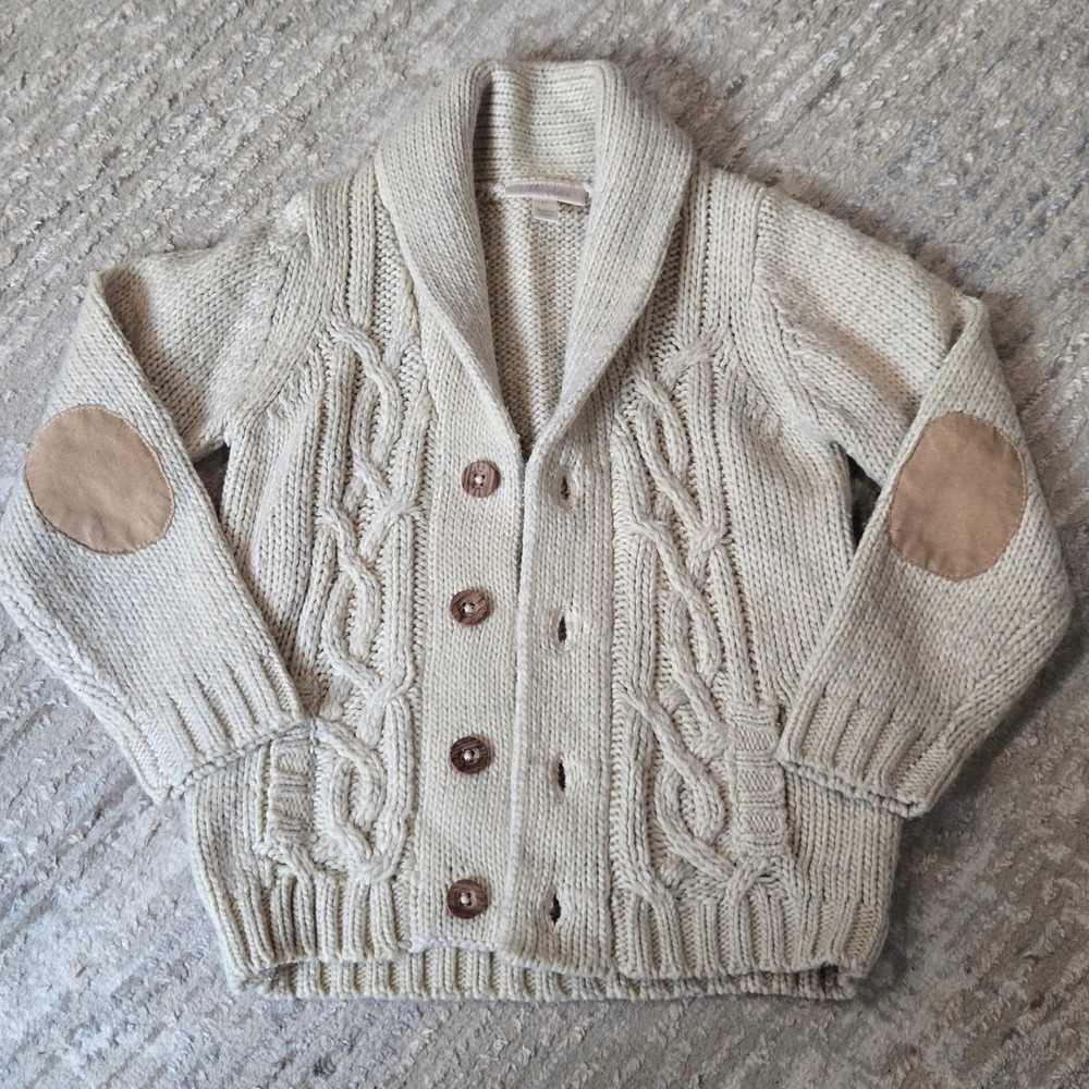 Miniclasix Kids Cream Cable Knit Shawl Collar Cardigan Elbow Patches 4T Grandpa